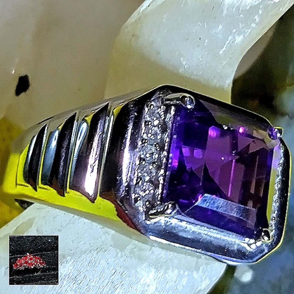 MEN'S- AFRICAN AMETHYST & WHITE TOPAZ ON THE SHOULDERS. RIBBED STERLING RING. 12 - Picture 3 of 16